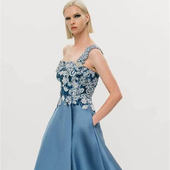 Hynes Park NWT Slate Blue Mikado Floral Embroidered Maxi Ballgown Size 4 #M574 - Picture 2 of 13